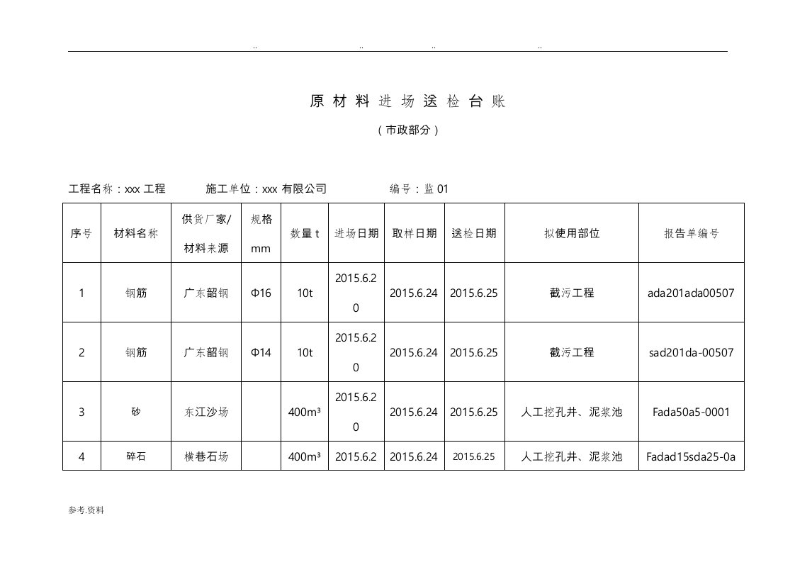 原材料进场送检台账