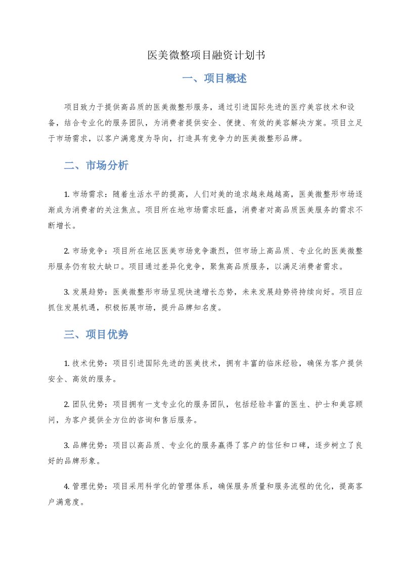 医美微整项目融资计划书