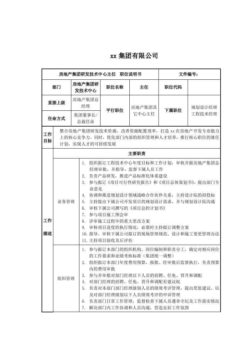 精选房地产集团研发技术中心主任岗位说明书