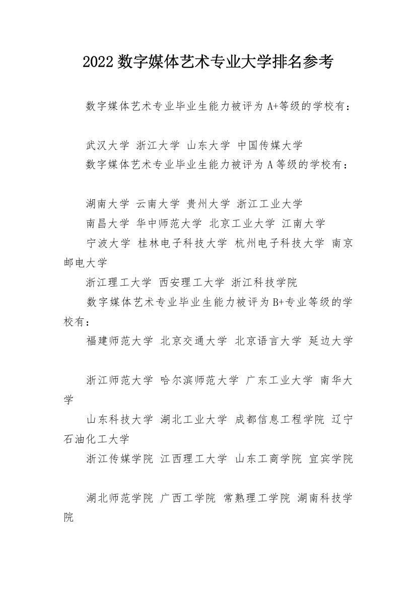 2022数字媒体艺术专业大学排名参考