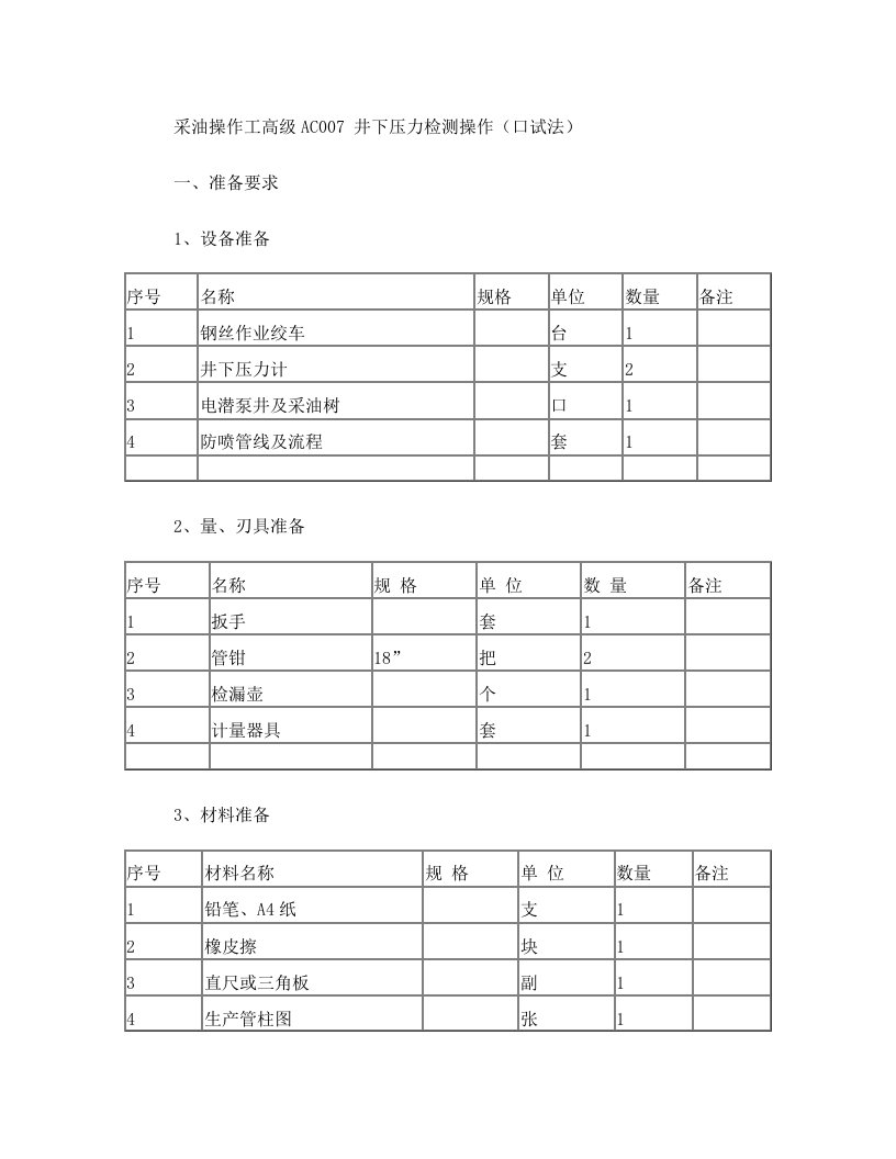 采油操作工高级AC007+井下压力检测操作