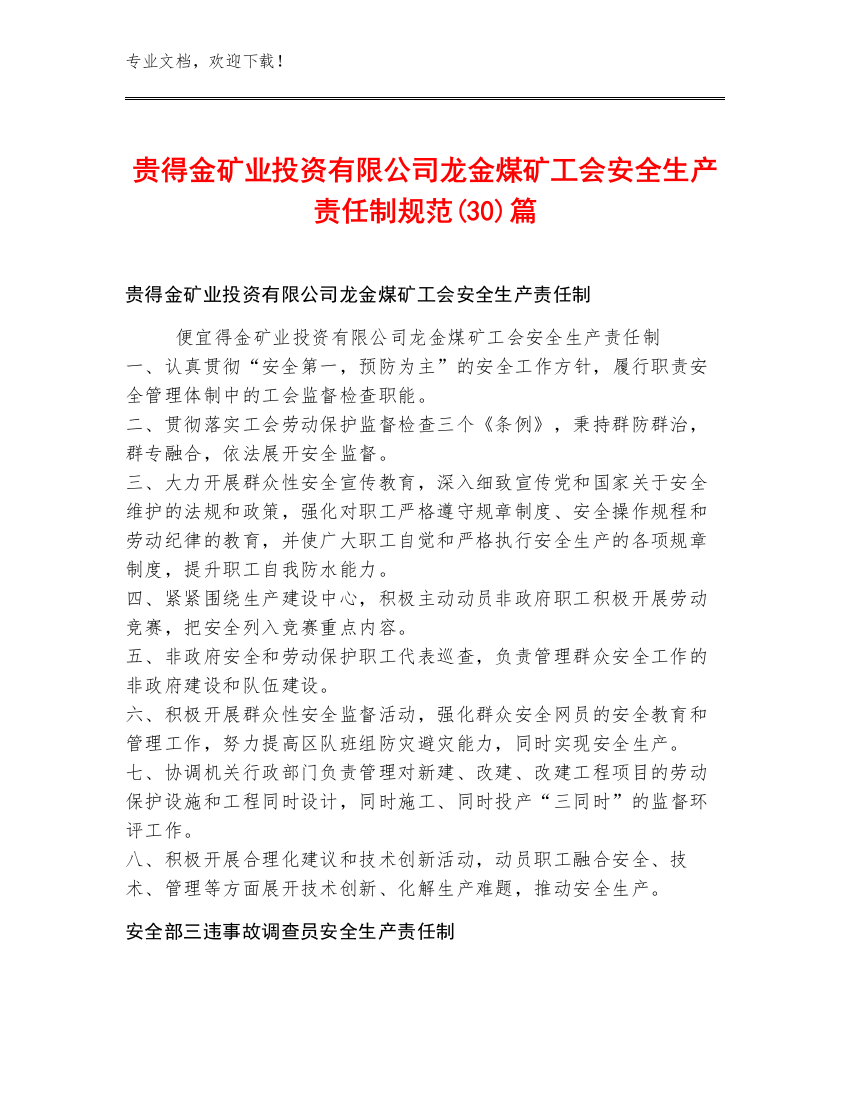 贵得金矿业投资有限公司龙金煤矿工会安全生产责任制规范(30)篇