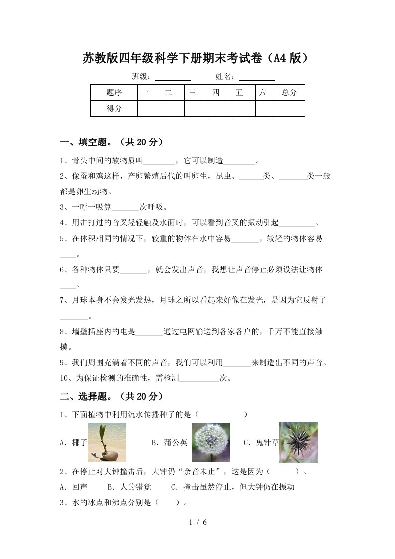 苏教版四年级科学下册期末考试卷A4版