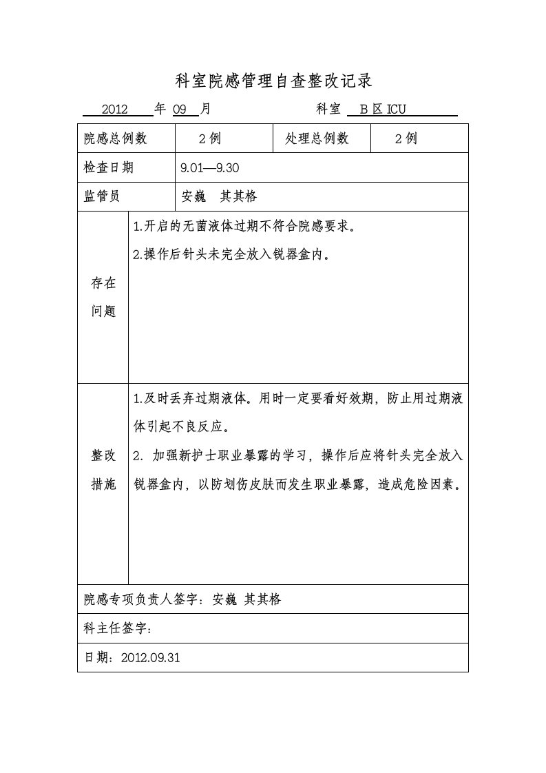 9月科室院感管理自查整改记录