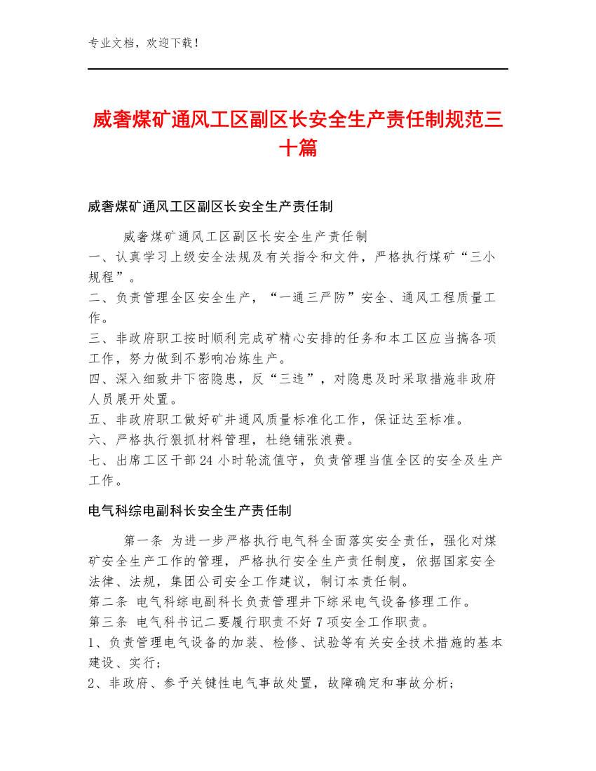 威奢煤矿通风工区副区长安全生产责任制规范三十篇