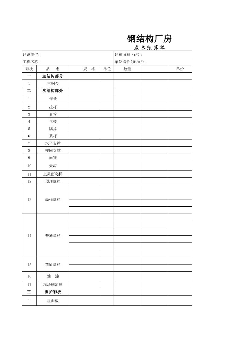 钢结构厂房成本预算单