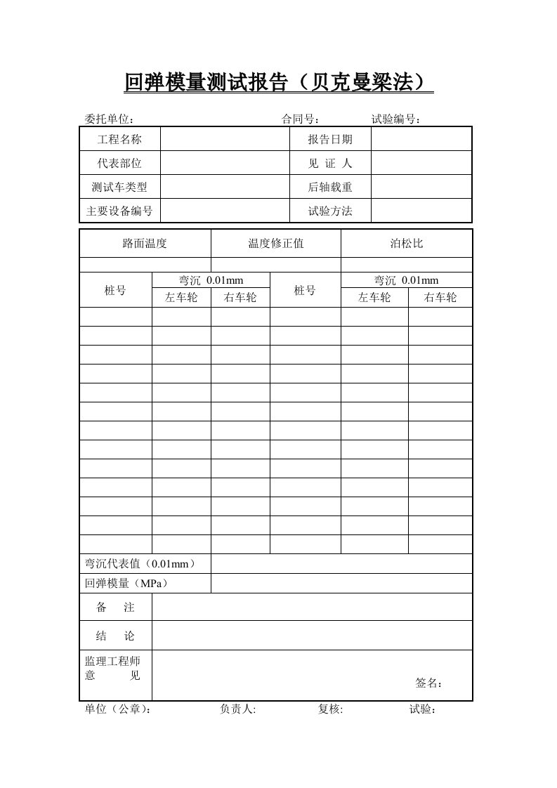 47-回弹模量测试报告（贝克曼梁法）--【甘肃公路工程试验用表】