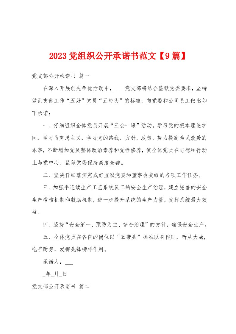 2023年党组织公开承诺书范文