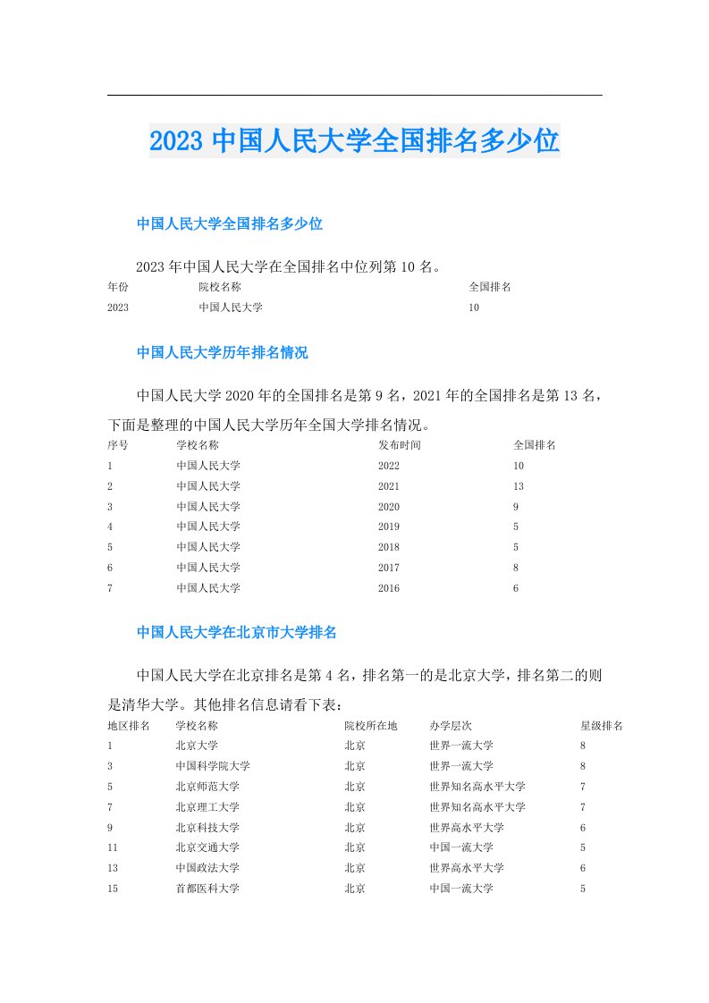 中国人民大学全国排名多少位