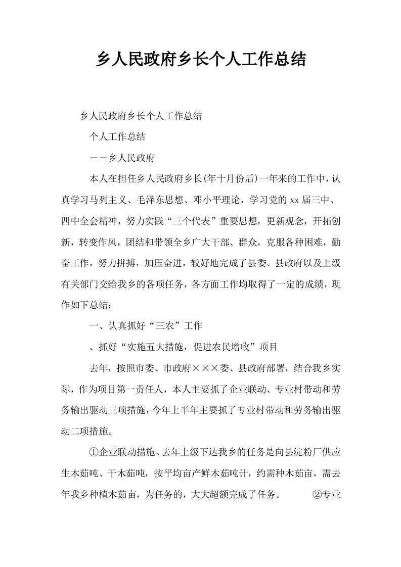 乡人民政府乡长个人工作总结