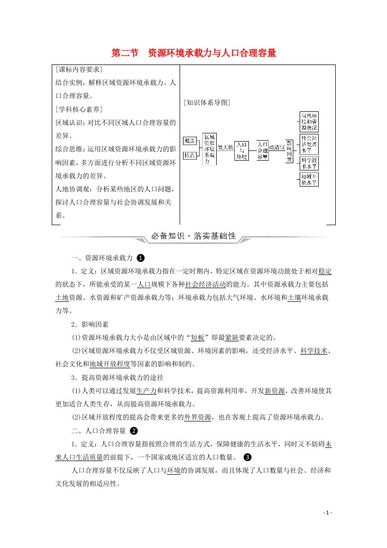 2022版新教材高考地理一轮复习第9章人口分布迁移与合理容量第2节资源环境承载力与人口合理容量学案中图版