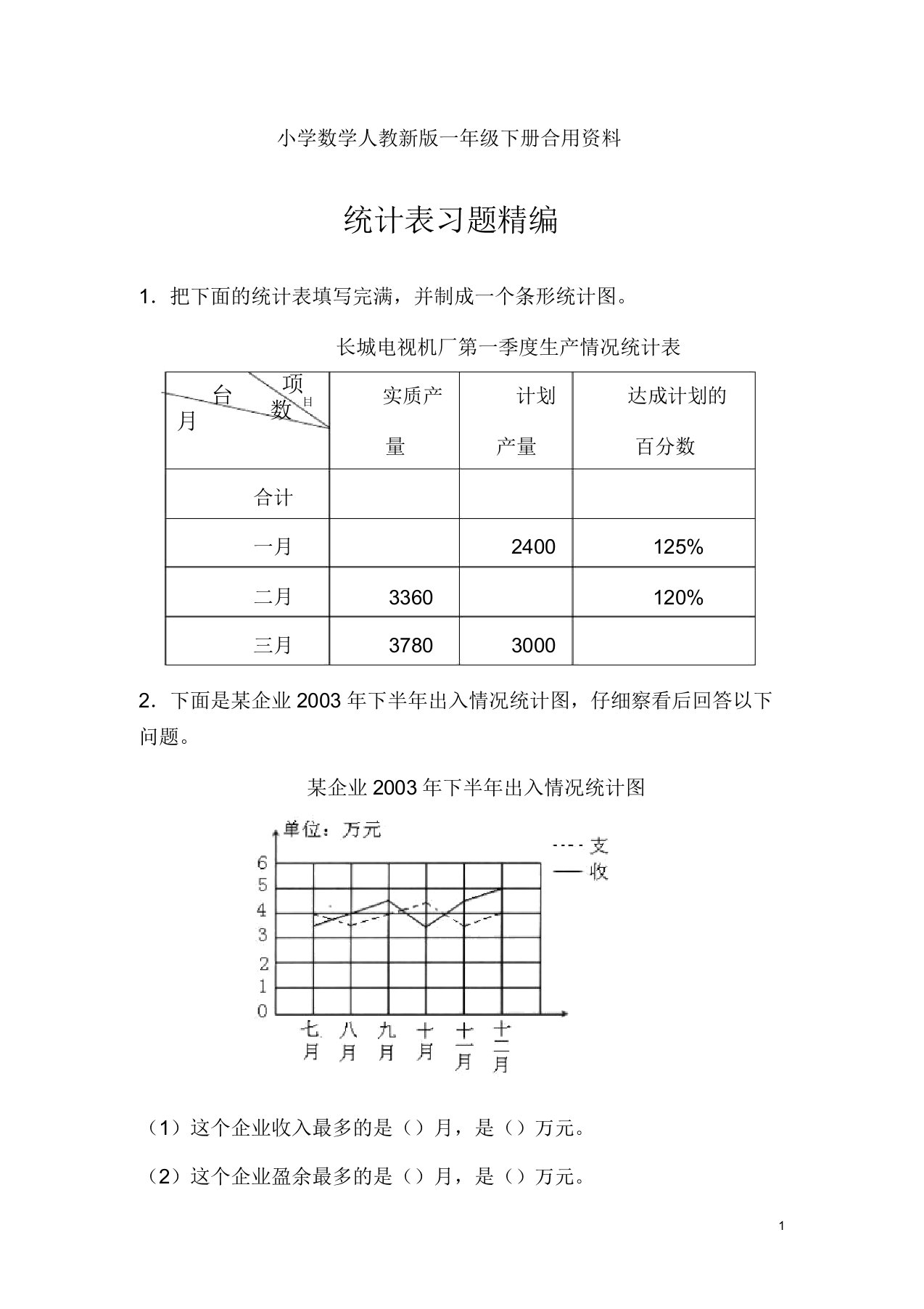 小学数学人教新版一年级下册统计表习题