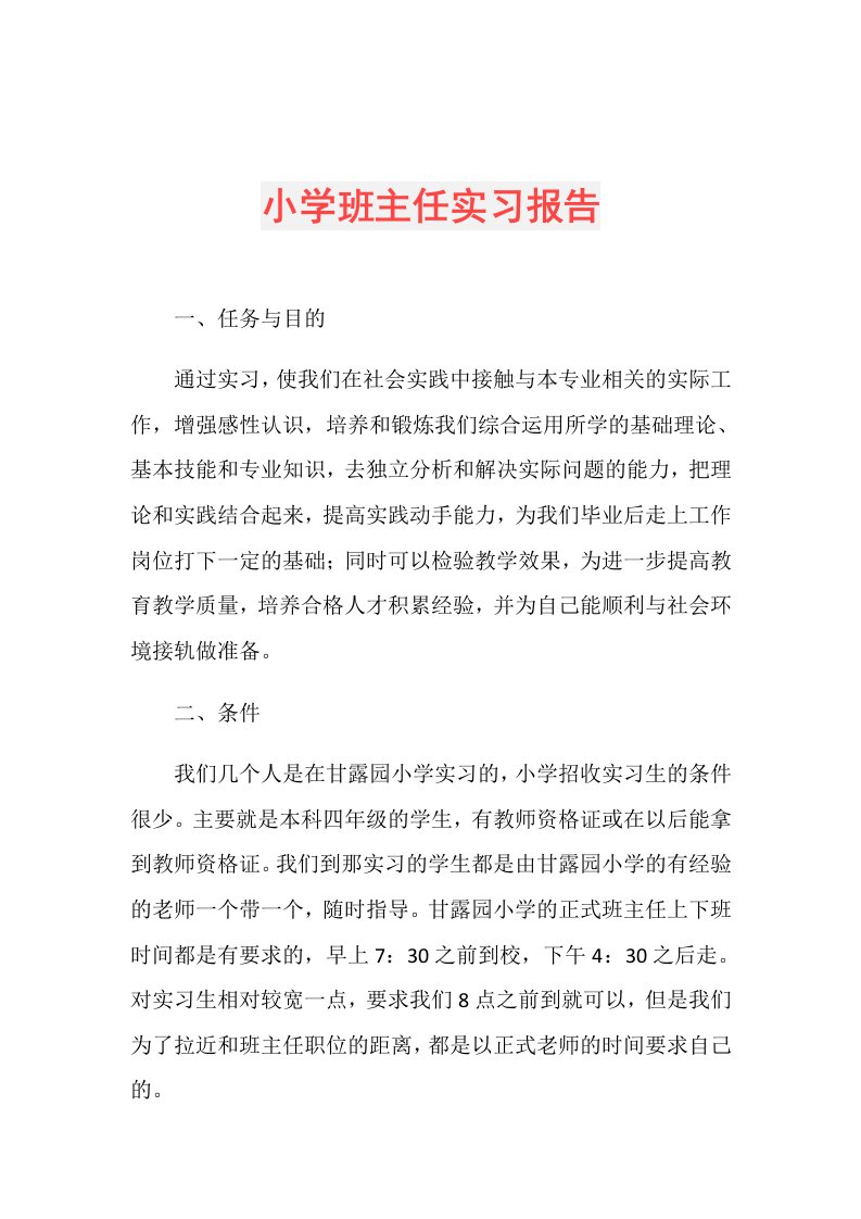 小学班主任实习报告