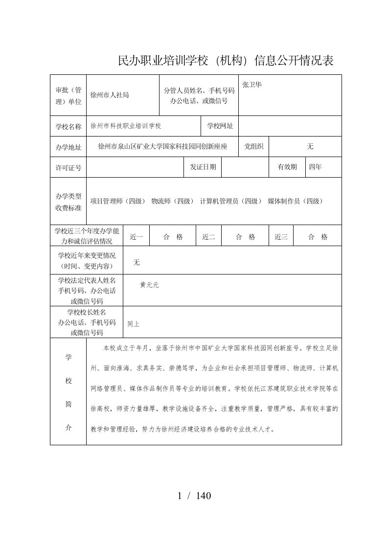 民办职业培训学校机构信息公开情况表