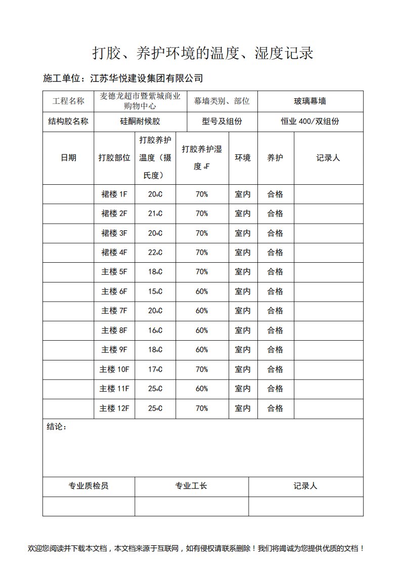 打胶、养护环境的温度、湿度记录