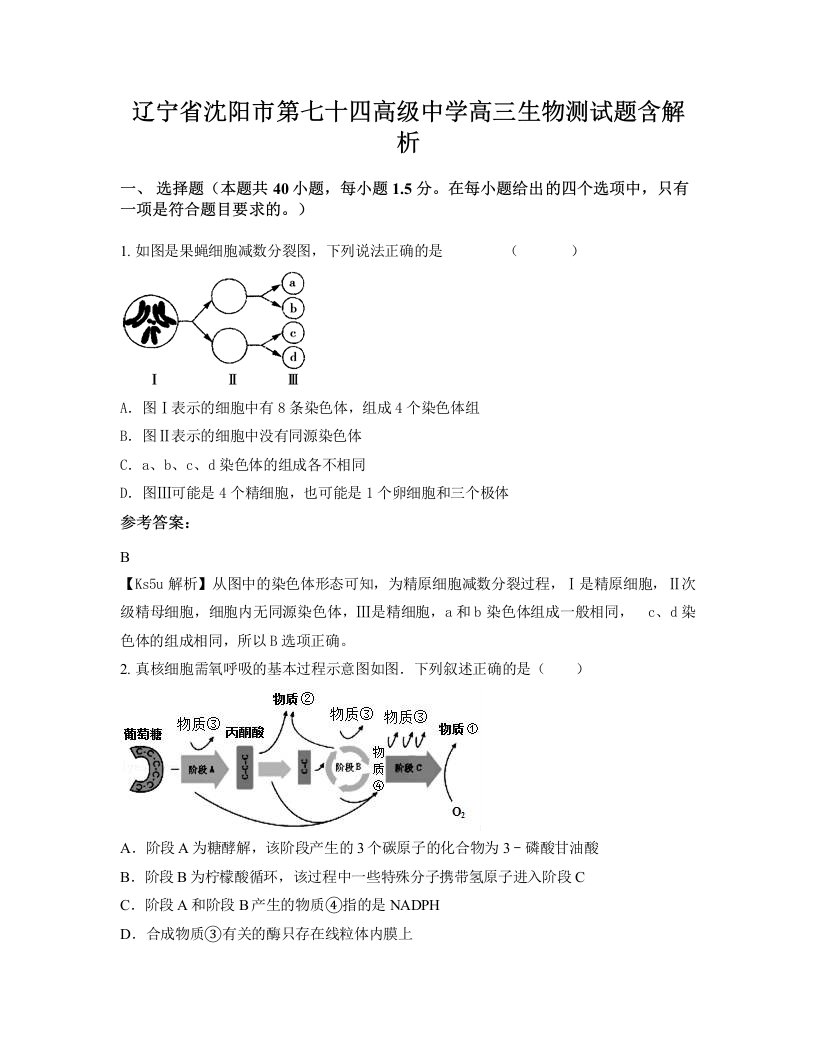 辽宁省沈阳市第七十四高级中学高三生物测试题含解析