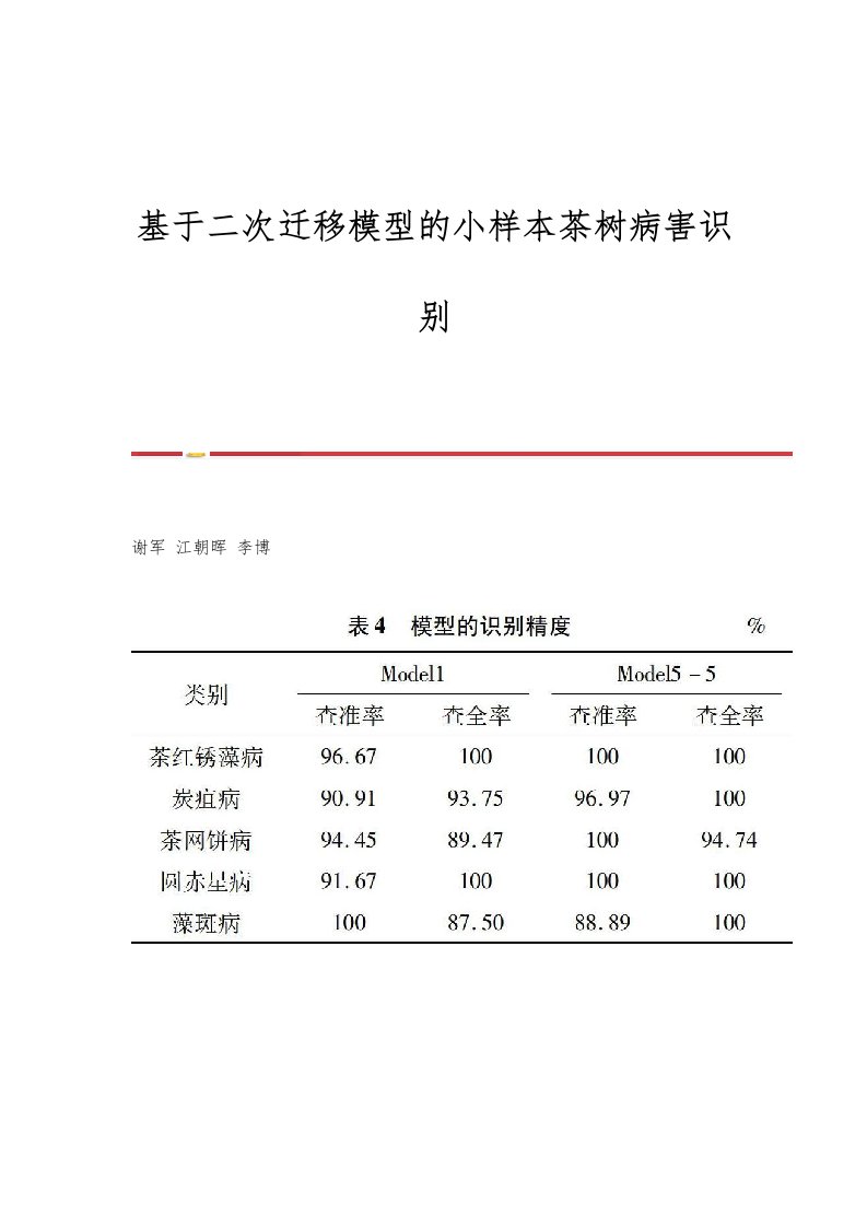 基于二次迁移模型的小样本茶树病害识别