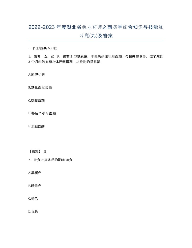 2022-2023年度湖北省执业药师之西药学综合知识与技能练习题九及答案