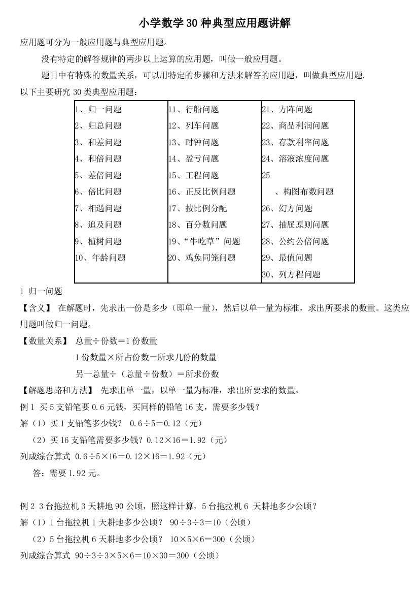 小学数学30种典型应用题分类讲解附带例题和解题过程