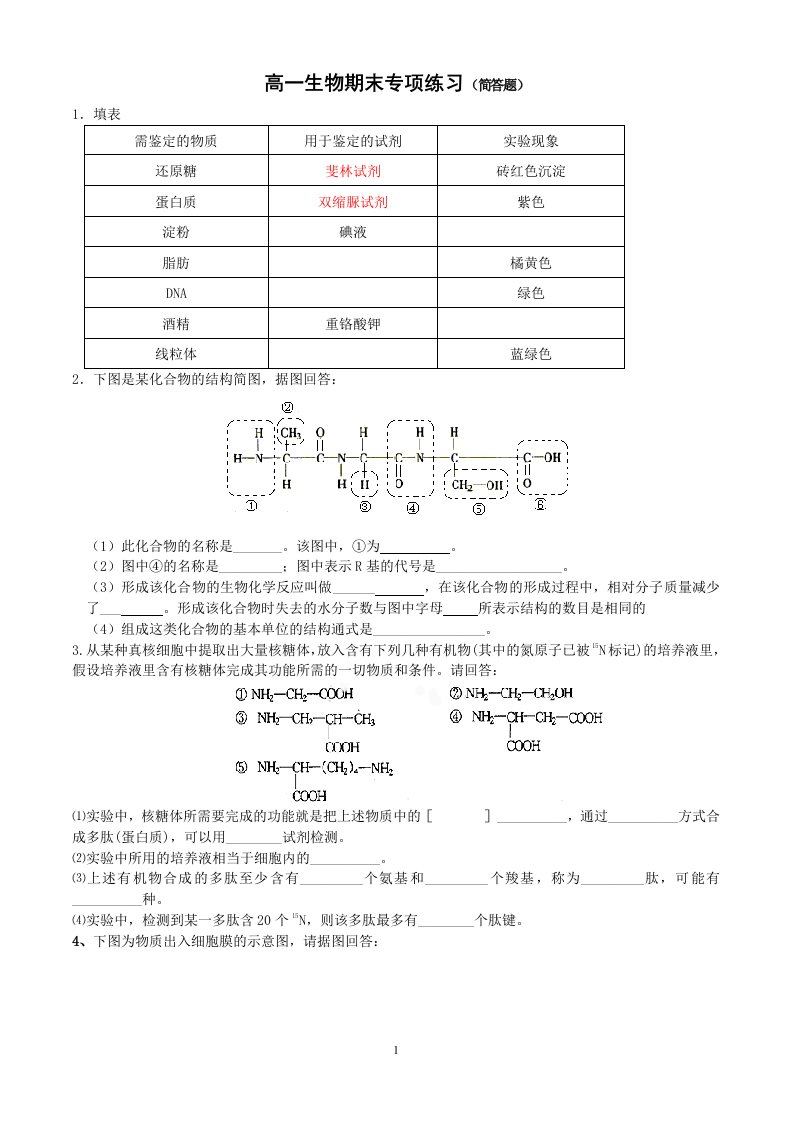 高一生物期末专项练习简答题