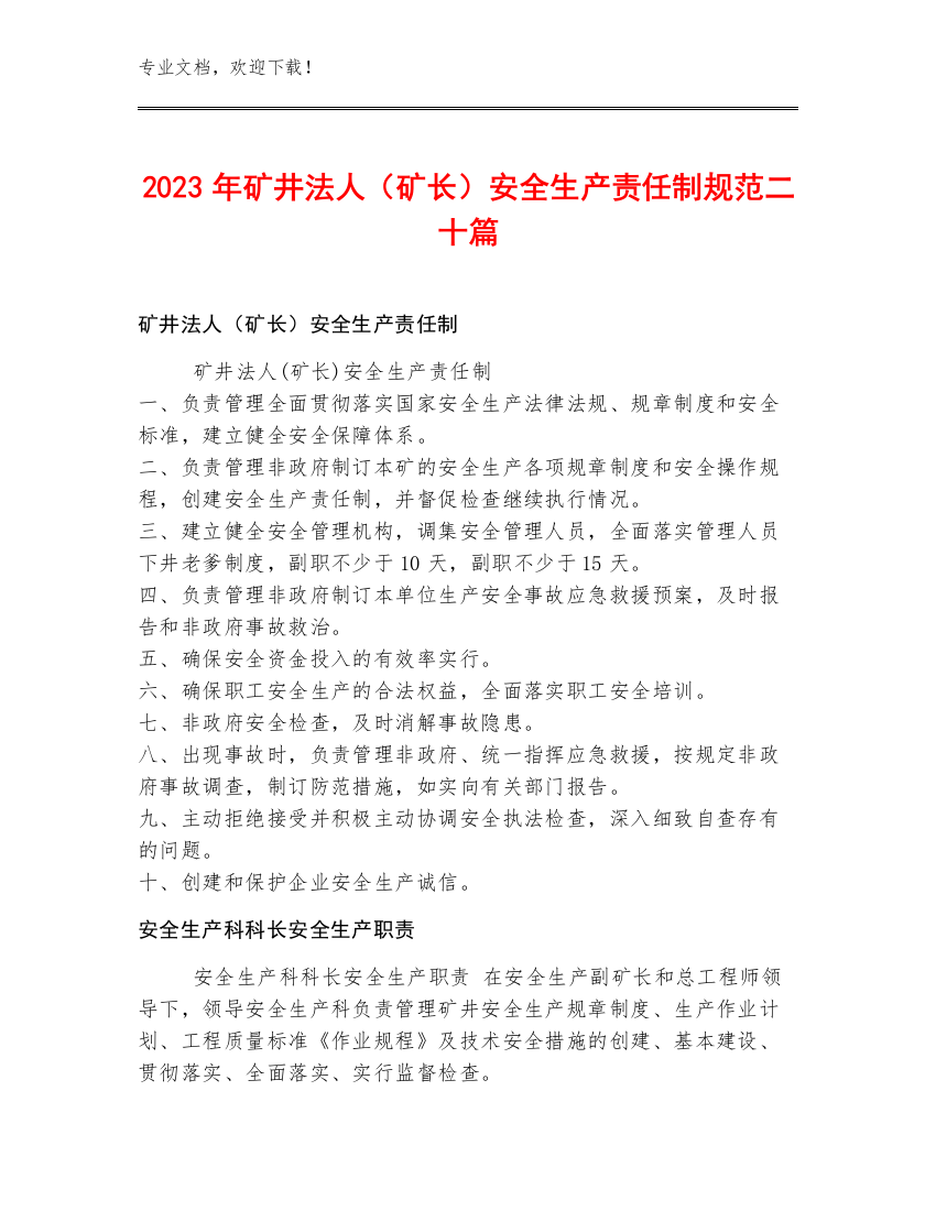 2023年矿井法人（矿长）安全生产责任制规范二十篇