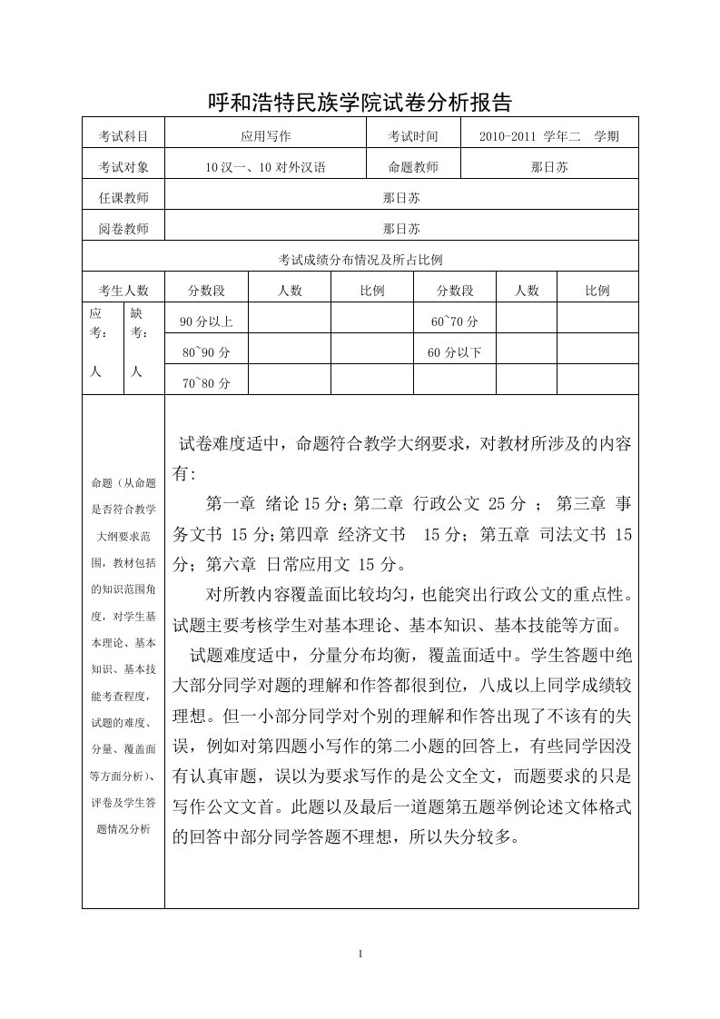 《应用写作》试卷分析报告