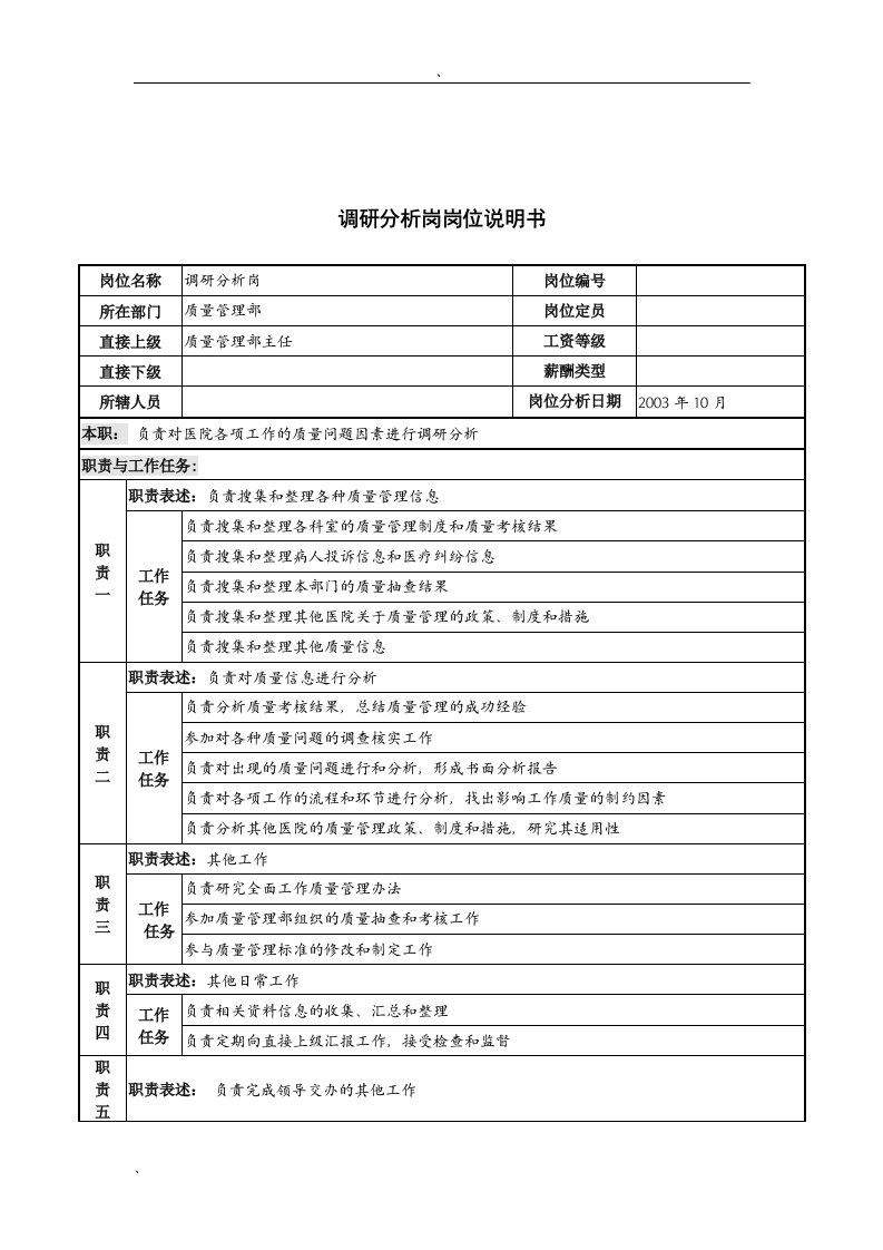 湖北新华医院质量管理部调研分析岗位说明书