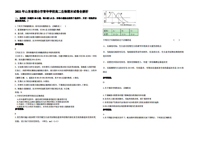 2021年山东省烟台市青华学校高二生物期末试卷含解析