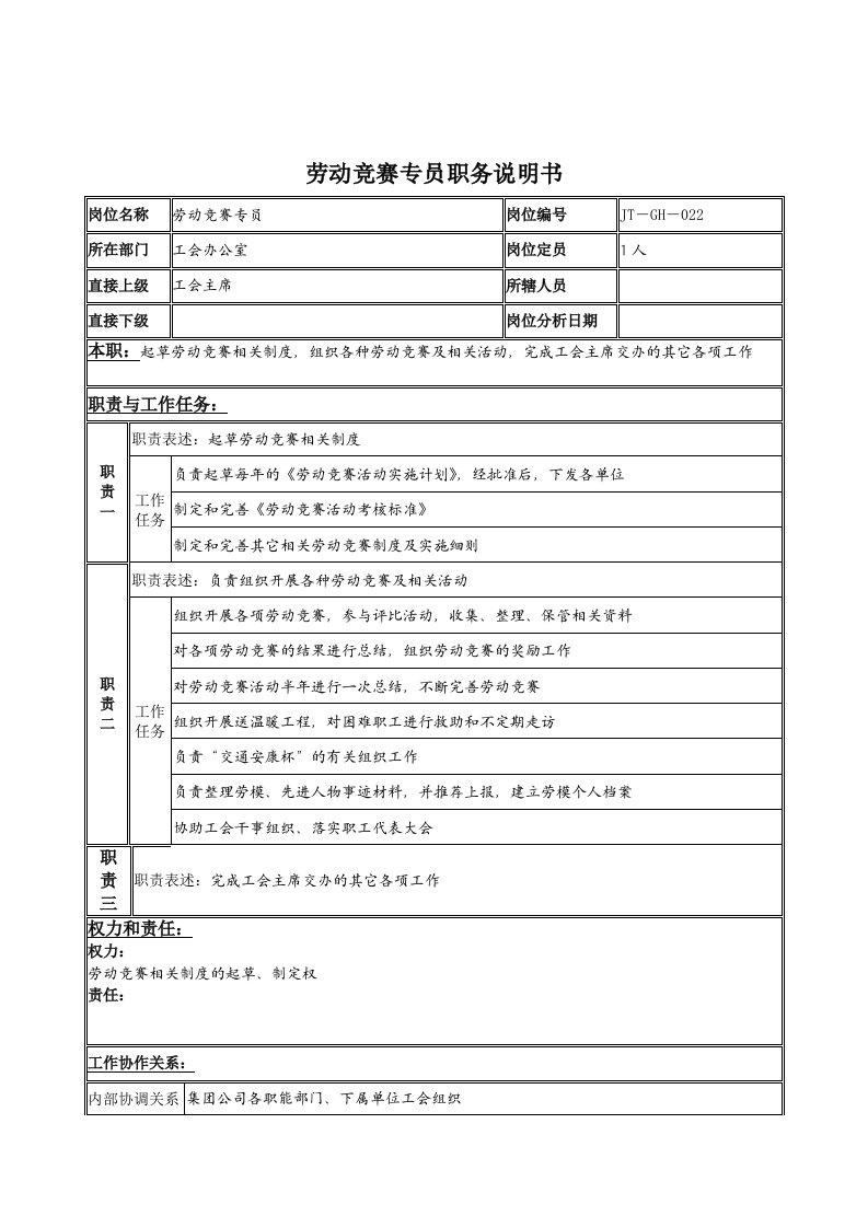 工会办公室劳动竞赛专员岗位职责