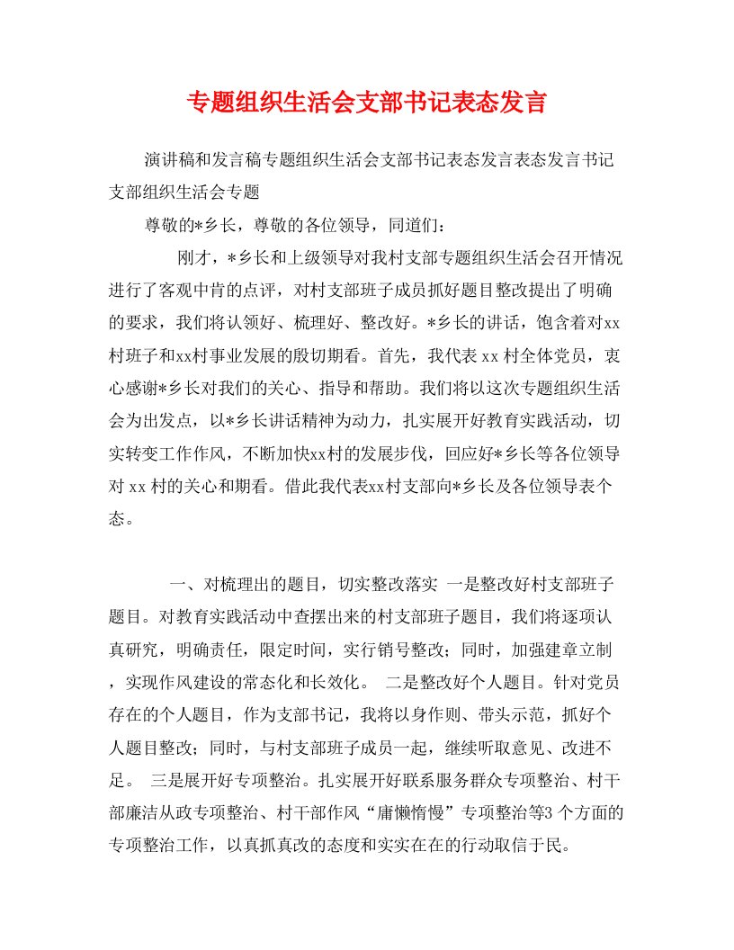 专题组织生活会支部书记表态发言