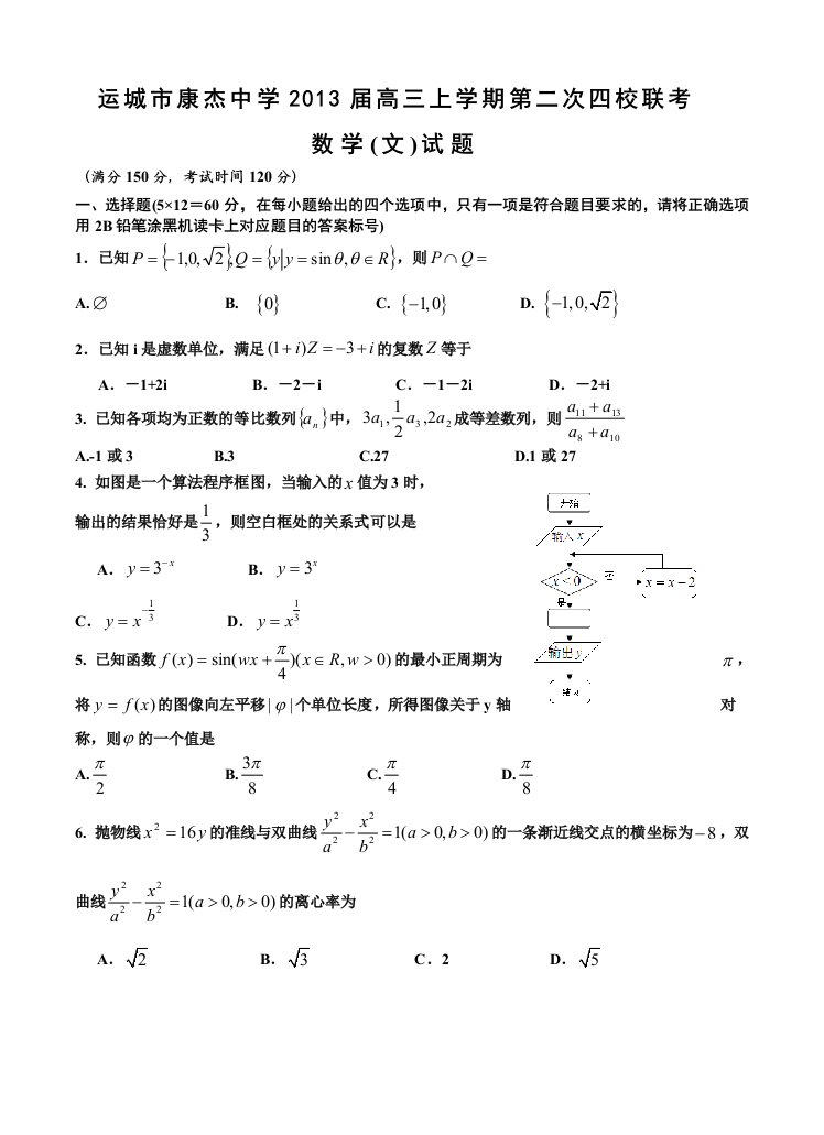 sbhAAA山西省运城市康杰中学2013届高三上学期第二次四校联考数学(文)试题