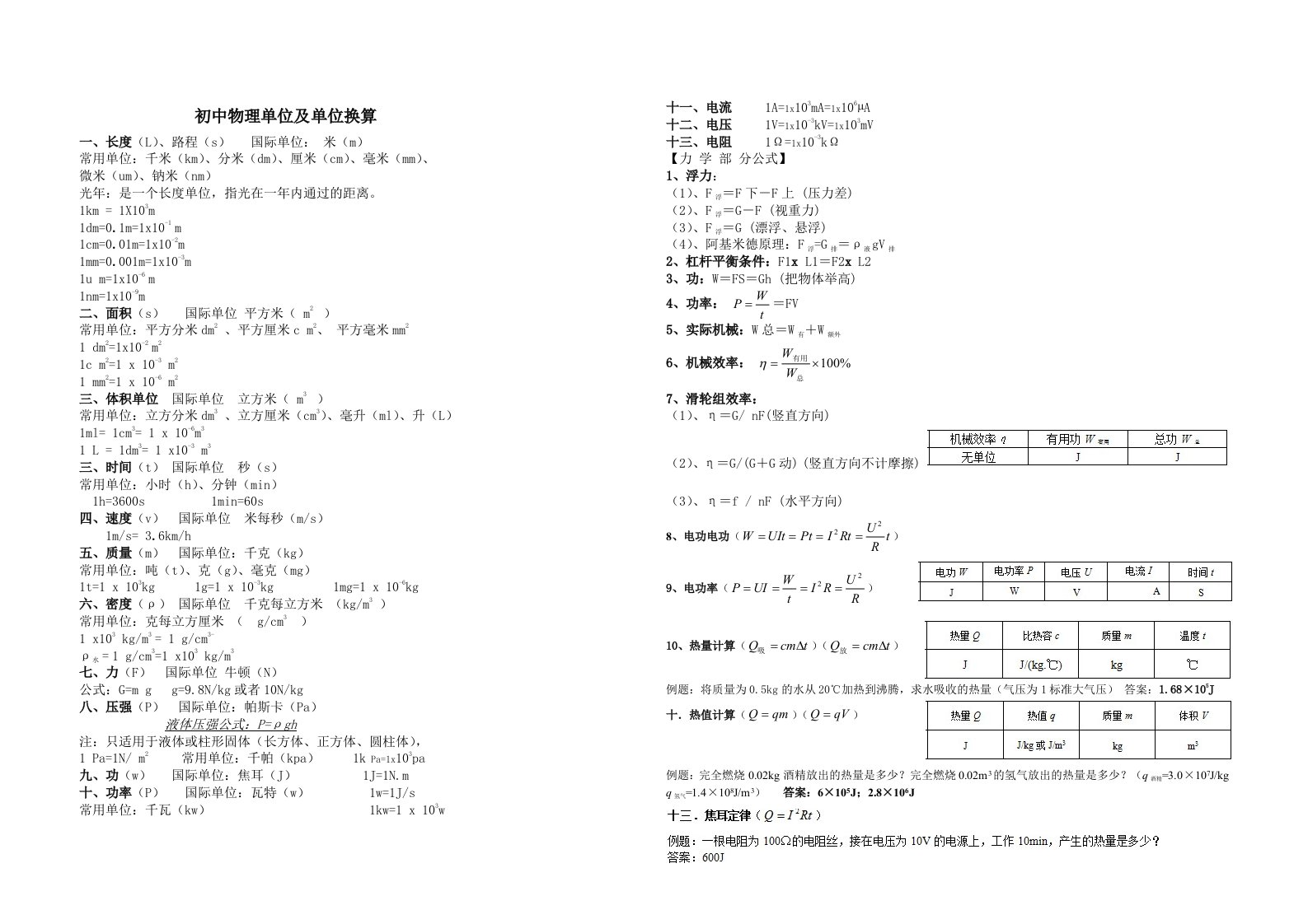 初中物理力学单位及单位换算