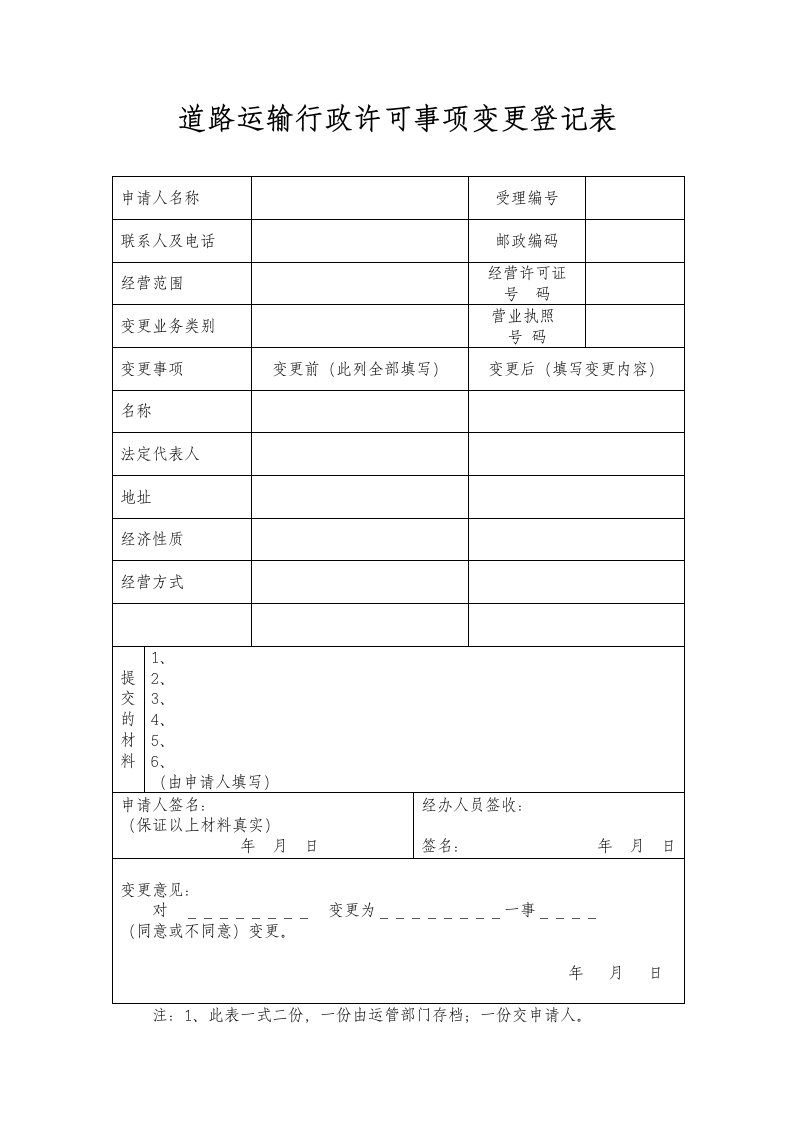 道路运输行政许可事项变更登记表