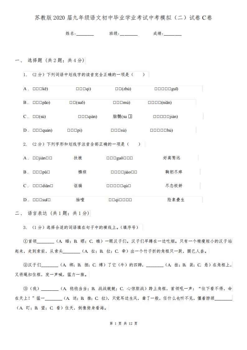 苏教版2020届九年级语文初中毕业学业考试中考模拟(二)试卷C卷