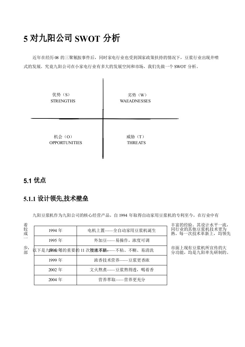 九阳股份的SWOT战略分析