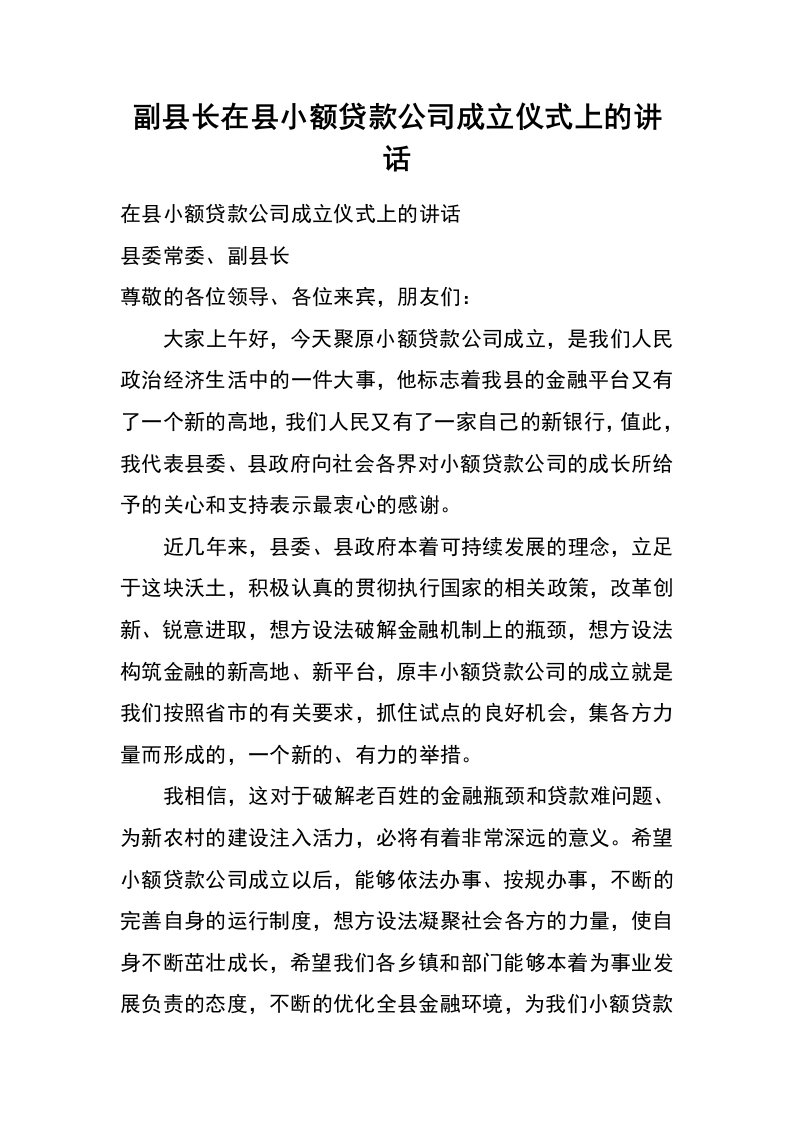 副县长在县小额贷款公司成立仪式上的讲话