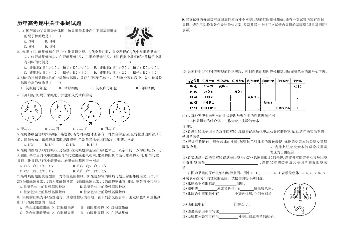 历年高考题中关于果蝇试题