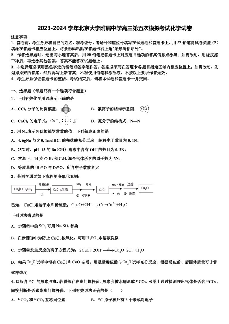 2023-2024学年北京大学附属中学高三第五次模拟考试化学试卷含解析