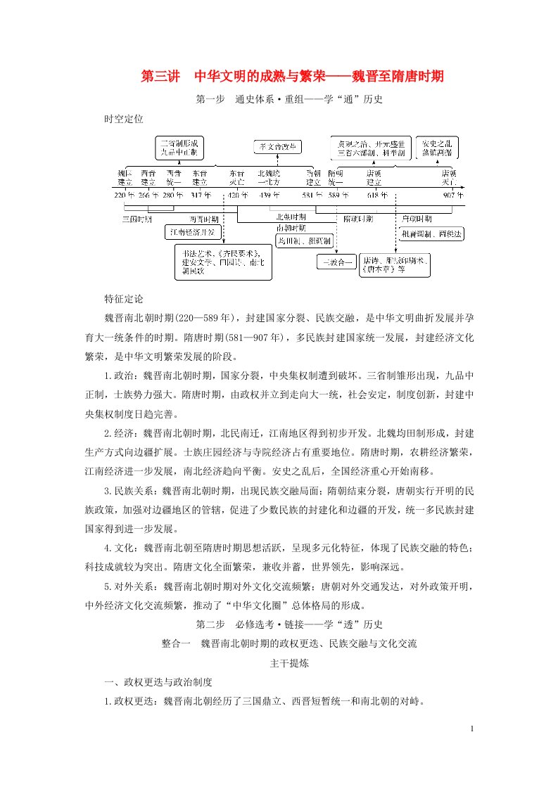 新高考适用2023版高考历史二轮总复习第1部分第1编中国古代史板块1通史横向整合第3讲中华文明的成熟与繁荣__魏晋至隋唐时期教师用书