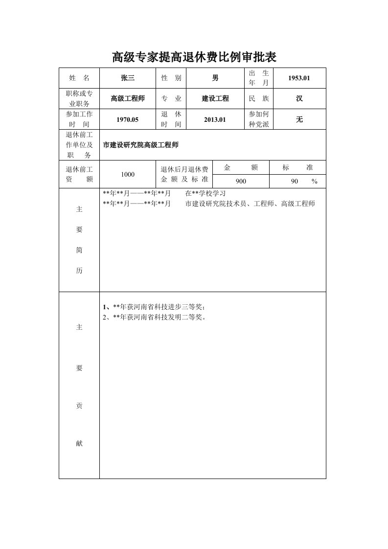 高级专家提高退休费比例审批表