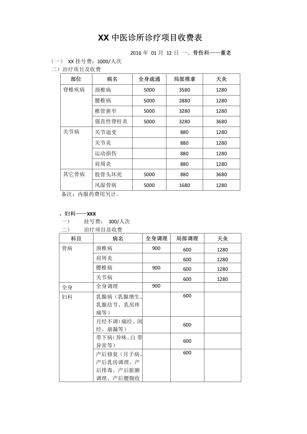 中医诊所诊疗项目收费表