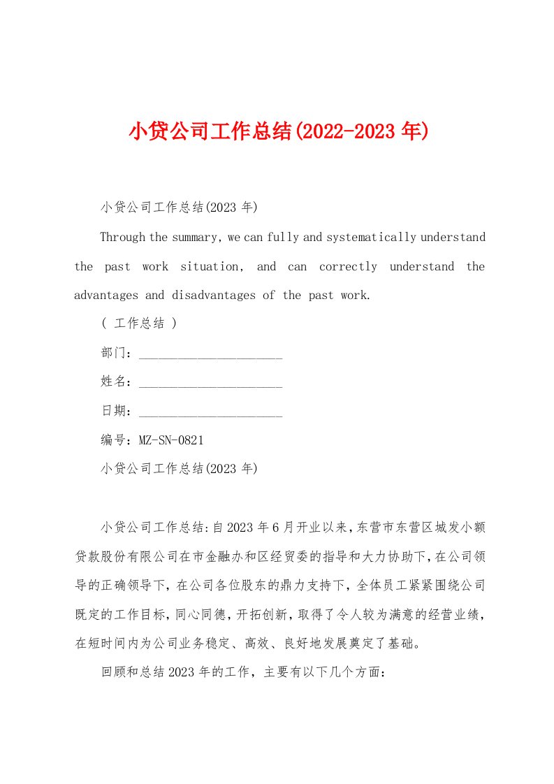 小贷公司工作总结(2022-2023年)