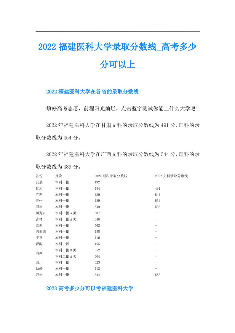 福建医科大学录取分数线高考多少分可以上