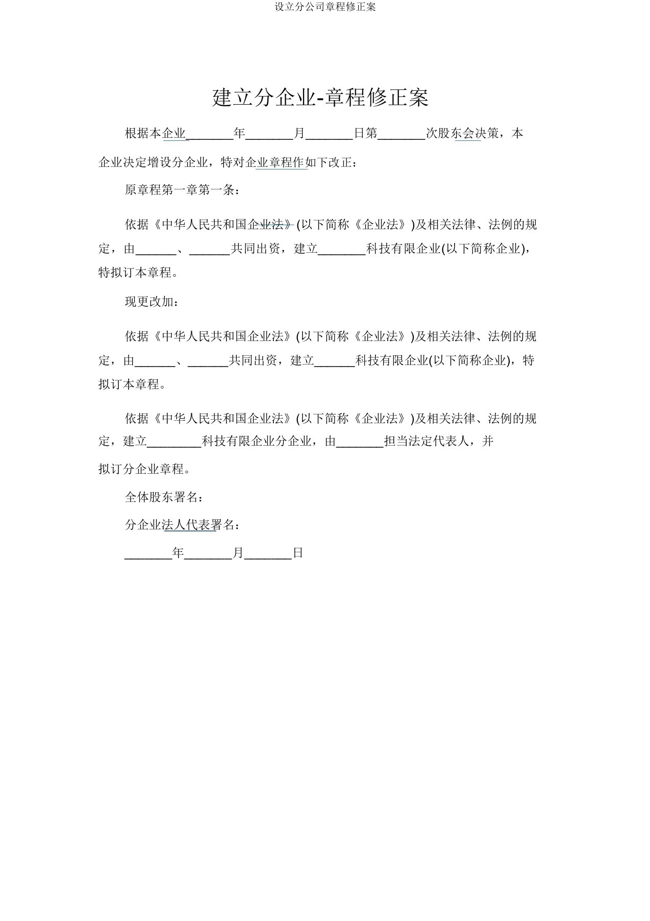 设立分公司章程修正案