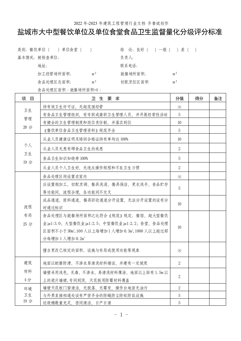 盐城市大中型餐饮单位及单位食堂食品卫生监督量化分级