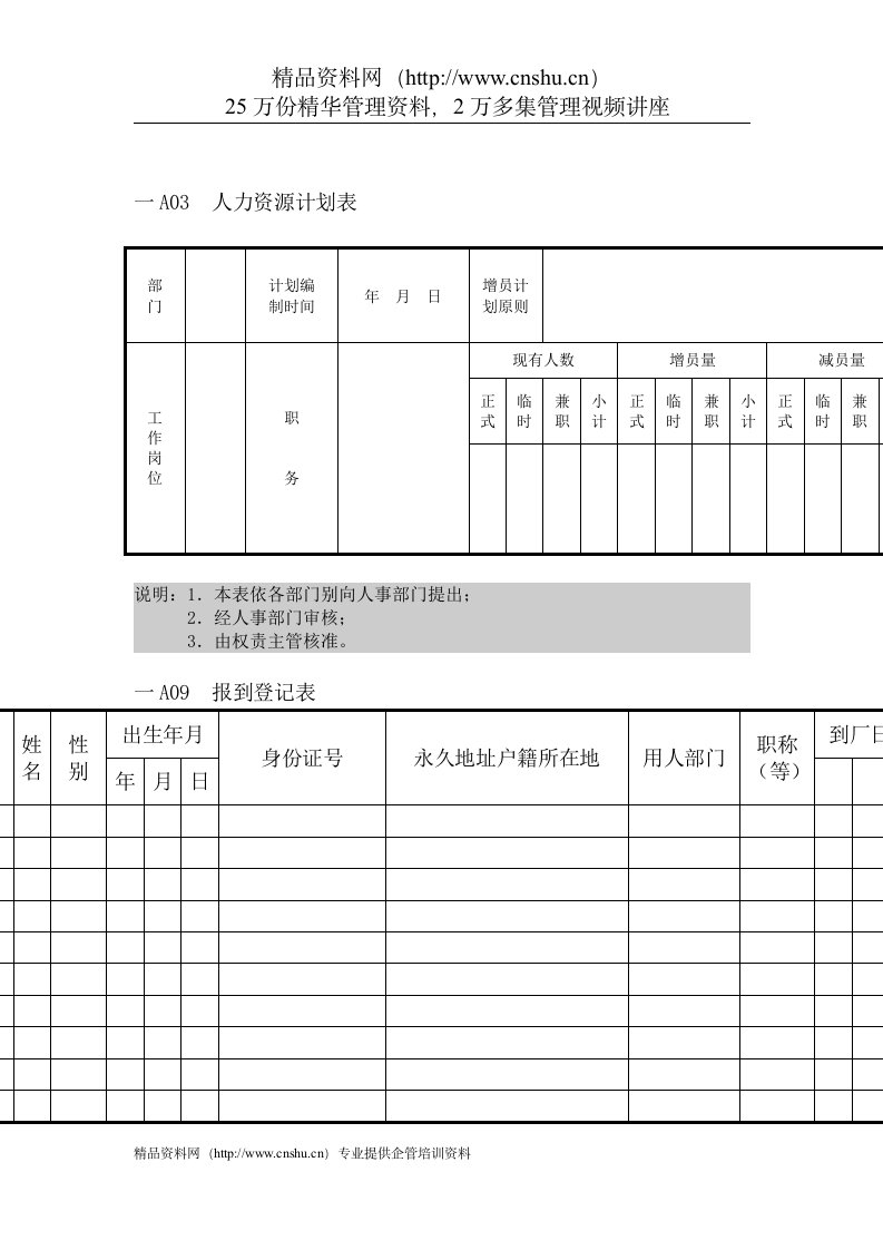 人事行政管理表格A横表格