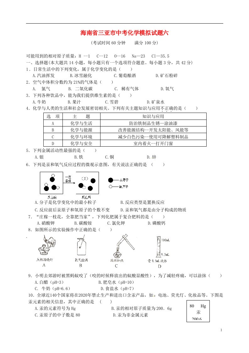 海南省三亚市中考化学模拟试题（六）