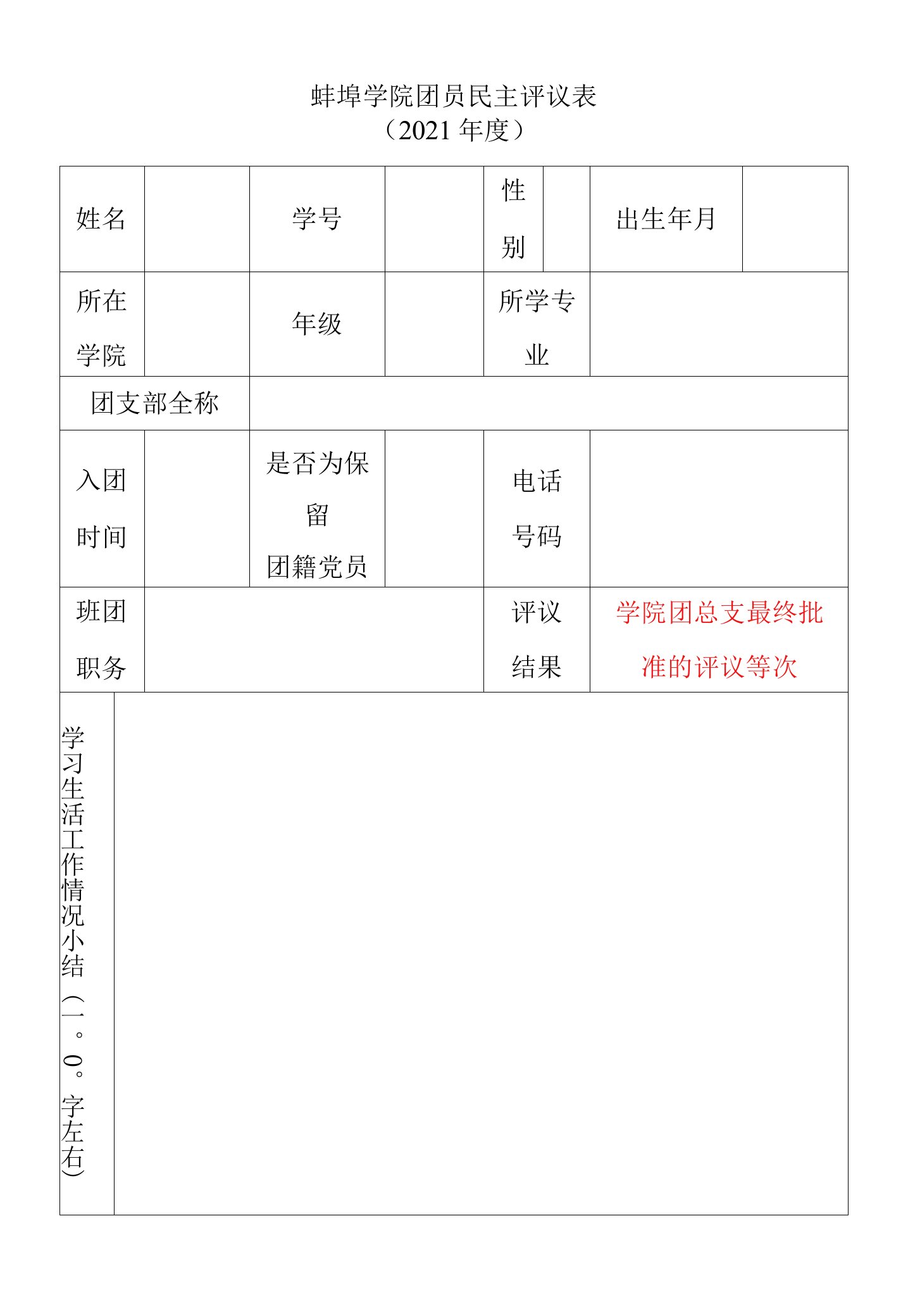 蚌埠学院团员民主评议021年度