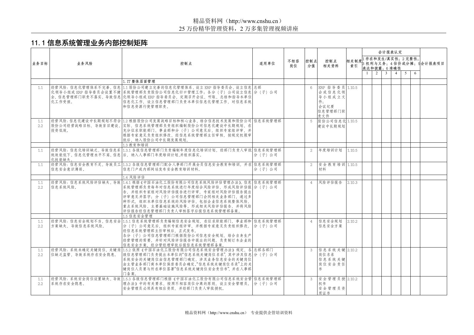 11.1信息系统管理业务内部控制矩阵