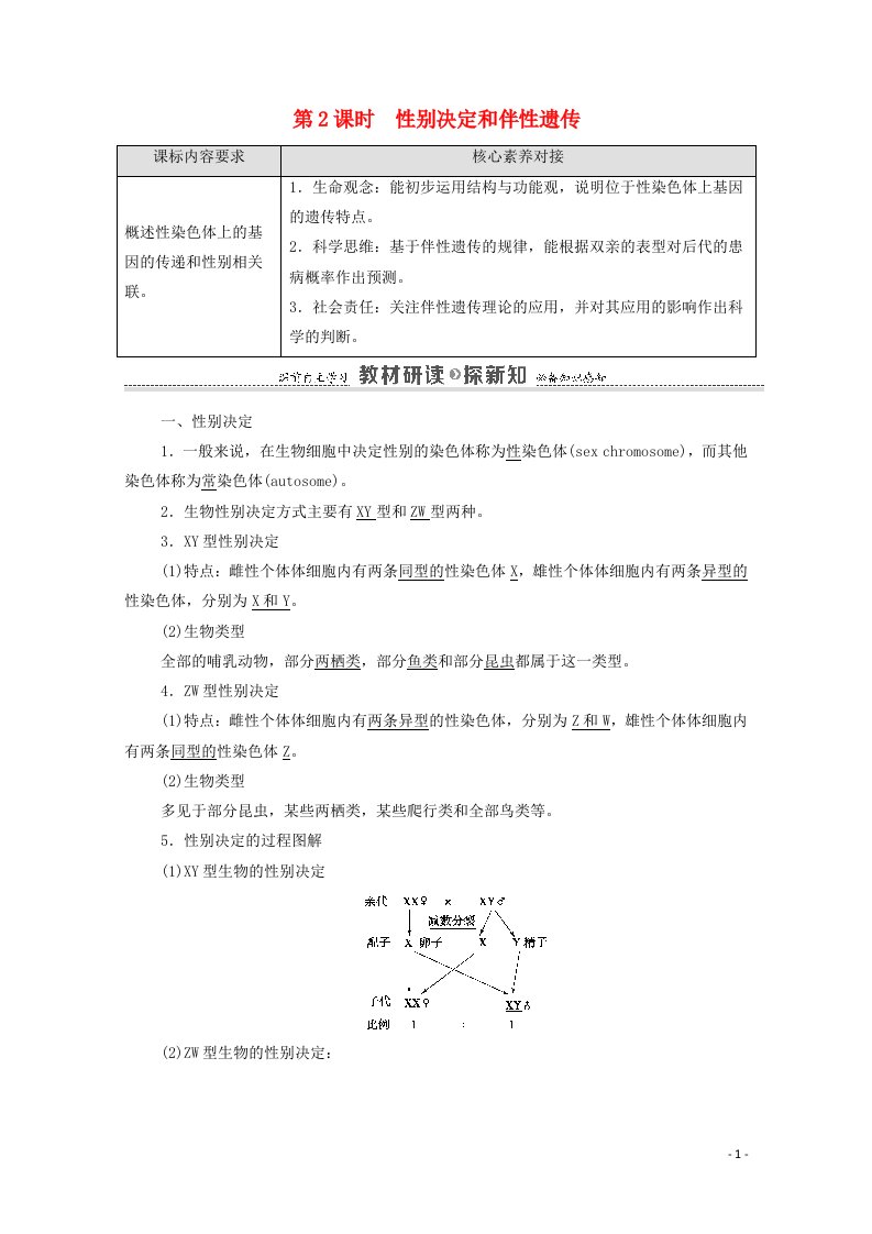 2020_2021学年新教材高中生物第1章遗传的细胞基础第4节第2课时性别决定和伴性遗传学案苏教版必修2